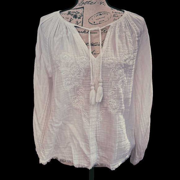 Faherty Tops - FAHERTY Cotton Gauze Blossom Embroidered Tassels 3/4 Sleeves Peasant Top